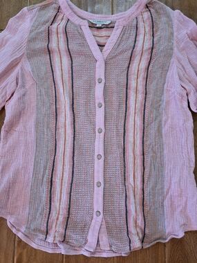 Liverpool Pink Striped Button Front V-Neck Blouse